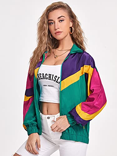 Verdusa Women's Colorblock Zip Up Long Sleeve Collar Windbreaker Jacket Coat Green Purple Yellow S