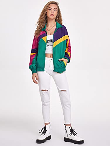 Verdusa Women's Colorblock Zip Up Long Sleeve Collar Windbreaker Jacket Coat Green Purple Yellow S
