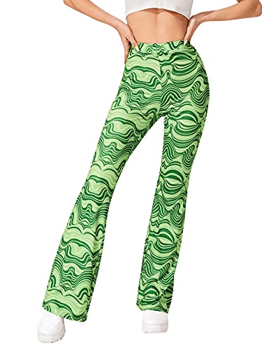 SOLY HUX Retro Flare Pants - Green Print, Size L