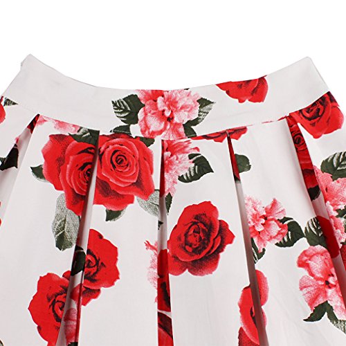Women's Vintage White-Rose A-line Pleated Midi Skirt