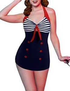 Blue Vintage Striped One Piece Swimsuit for Women