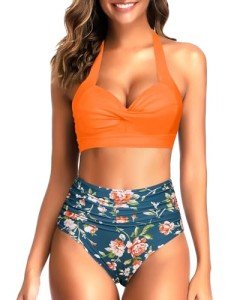 Vintage Halter Ruched High Waist Bikini - Floral