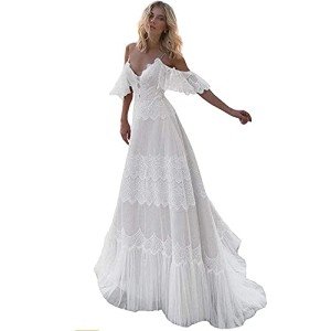 Chic Lace Boho Wedding Dress with Ruffle Sleeves