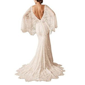 Boho Lace Mermaid Wedding Dress with Cape Sleeve