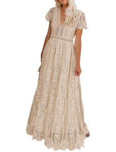 Floral Lace V Neck Maxi Dress - Apricot