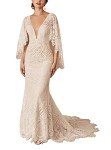 Boho Lace Mermaid Wedding Dress with Cape Sleeve