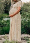 Floral Lace V Neck Maxi Dress - Apricot