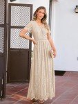 Floral Lace V Neck Maxi Dress - Apricot