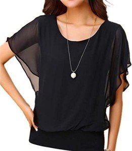 Vintage Black Chiffon Blouse with Short Sleeves