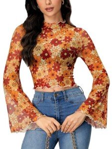 Orange Floral Mesh Crop Top with Bell Sleeves