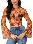 Orange Floral Mesh Crop Top with Bell Sleeves