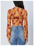 Orange Floral Mesh Crop Top with Bell Sleeves