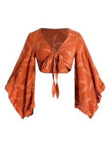 70s Floral Bow Tie Front Boho Crop Top