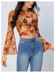 Orange Floral Mesh Crop Top with Bell Sleeves