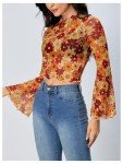 Orange Floral Mesh Crop Top with Bell Sleeves