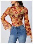 Orange Floral Mesh Crop Top with Bell Sleeves