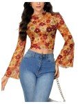 Orange Floral Mesh Crop Top with Bell Sleeves