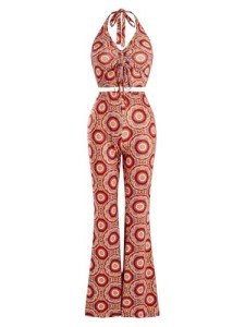 Red Vintage-Inspired Crop Top and Wide Leg Pants Set