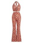 Red Vintage-Inspired Crop Top and Wide Leg Pants Set