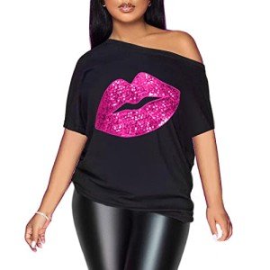 Vintage Off-The-Shoulder Shiny Graphic Tee - Lip Print