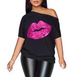 Vintage Off-The-Shoulder Shiny Graphic Tee - Lip Print