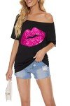 Vintage Off-The-Shoulder Shiny Graphic Tee - Lip Print