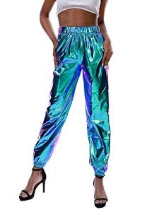 Shiny Metallic High Waist Jogger Pants - Blue