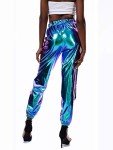 Shiny Metallic High Waist Jogger Pants - Blue