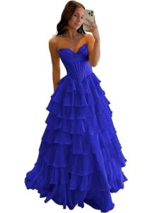 Royal Blue Tiered Ruffle Strapless Prom Dress