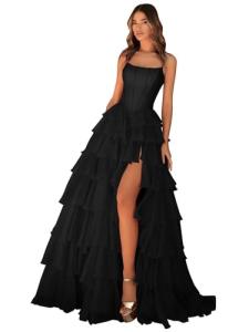 Strapless Black Tulle Vintage Long Prom Dress