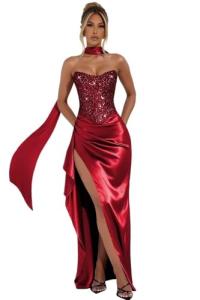 Wine Red Strapless Sequin Mermaid Prom Dress