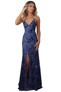 Navy Blue Sequin Mermaid Prom Dress for Teens