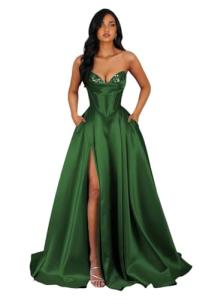 Emerald Green Sequin Satin Prom Dress for Teens