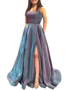Plus Size A-Line Glitter Prom Dress with Pockets