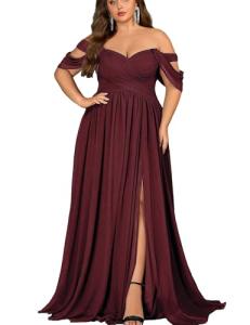 Wine Red Plus Size A-Line Chiffon Maxi Dress