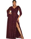 Plus Size Burgundy Sequin Flare Sleeve Dress