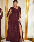 Plus Size Burgundy Sequin Flare Sleeve Dress