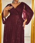 Plus Size Burgundy Sequin Flare Sleeve Dress