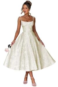 Ivory A-Line Midi Spaghetti Strap Party Dress