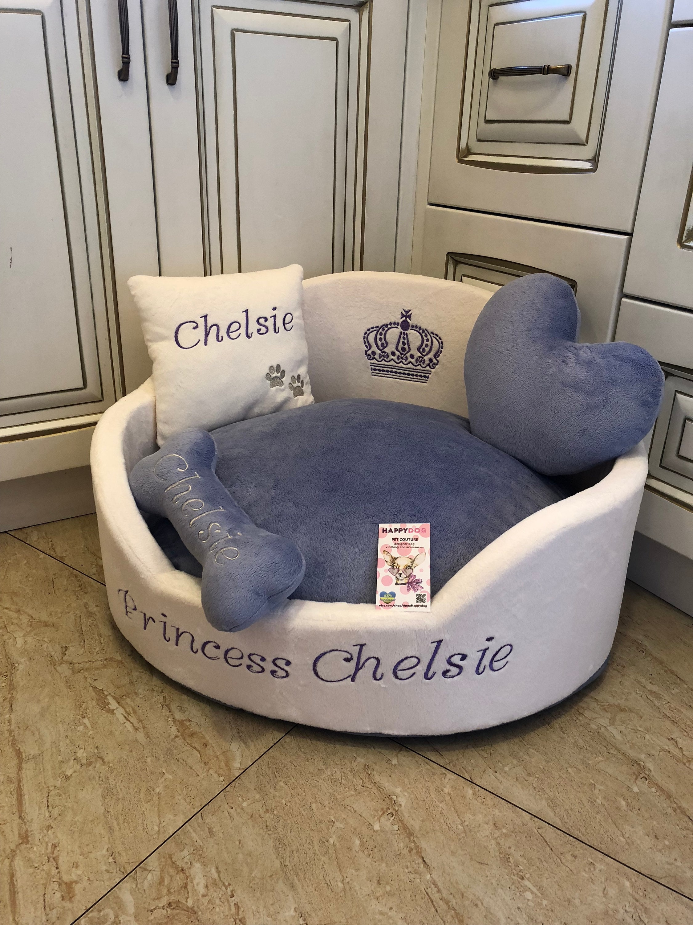 Personalized Cream & Lavender Luxury Dog Bed
