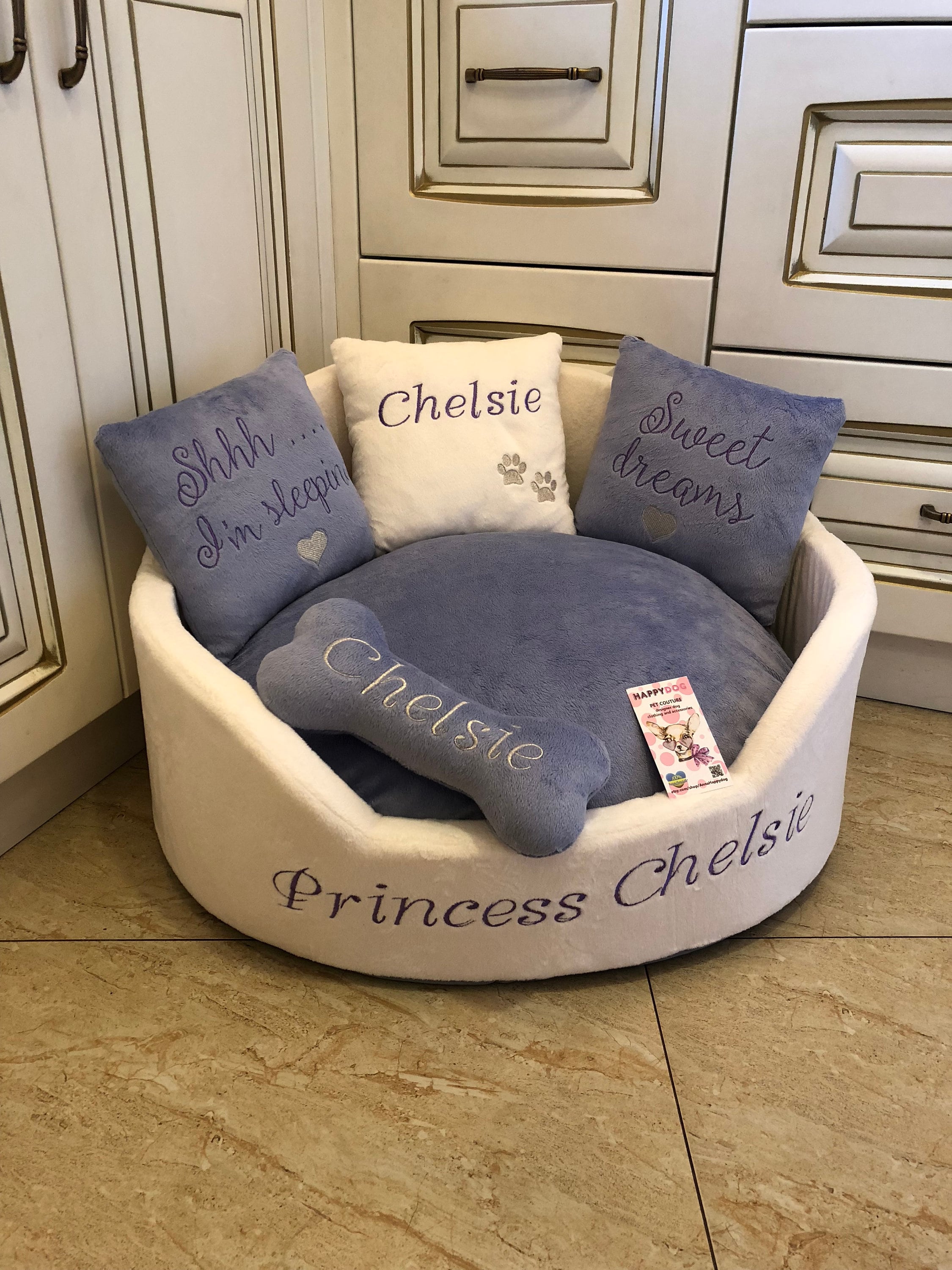 Personalized Cream & Lavender Luxury Dog Bed