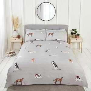 Reversible Grey Dog Duvet Cover Set