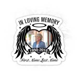 Personalized Photo Sticker Custom Name and Time Memorial Heart with Wing in Loving Memory Bookish Funny Waterproof Die-Cut Vinyl Sticker for Water Bottle Laptop Phone for Friend Coworker Dad Mom