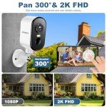 2K Security Cameras Wireless Outdoor, Pan Rotating 360° Battery Powered WiFi Camera with AI Motion Detection, Color Night Vision, Spotlight, Siren, 2-Way Talk, Waterproof, SD/Cloud Storage