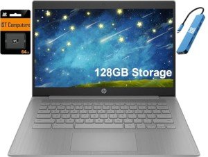 HP Chromebook 14 Laptop (14" HD, Intel 4-Core Celeron N4120, 4GB RAM, 128GB Storage, UHD Graphics 600) for Home & Student, Light Weight & 14-Hr Battery Life, Webcam, Wi-Fi, IST HUB, Chrome OS, Grey