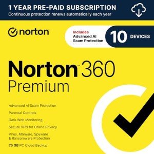 Norton 360 Premium 2025, Antivirus software for 10 Devices with Auto-Renewal – Includes Advanced AI Scam Protection, VPN, Dark Web Monitoring & PC Cloud Backup [Download]