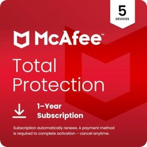 McAfee Total Protection 5-Device 2025 1-Year Subscription with Auto-Renewal | Security Software Includes Antivirus, Secure VPN, Scam Protection, Identity Monitoring | Download