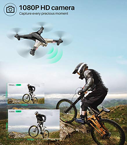 Syma X300 Foldable Drone with Camera for Adults 1080P FHD FPV Live Video, Optical Flow Positioning, Tap Fly, Altitude Hold, Headless Mode, 3D Flips, Quadcopter for Kids Beginners, 2 Batteries 40mins