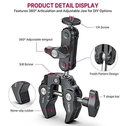 ULANZI Super Clamp Camera Clamp Mount Monitor 360Â° Ballhead Magic Arm Double Ball Head Adapter with 1/4"-20 & 3/8"-16 Thread for Canon Nikon DSLR Camera/Gopro/LED Lights/Ronin-M/Ronin MX/Freefly MOVI