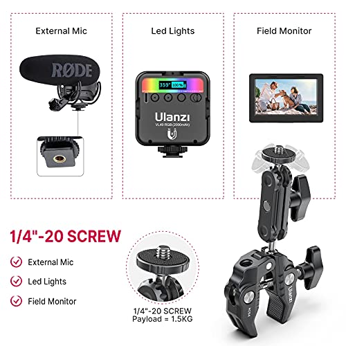 ULANZI Super Clamp Camera Clamp Mount Monitor 360Â° Ballhead Magic Arm Double Ball Head Adapter with 1/4"-20 & 3/8"-16 Thread for Canon Nikon DSLR Camera/Gopro/LED Lights/Ronin-M/Ronin MX/Freefly MOVI